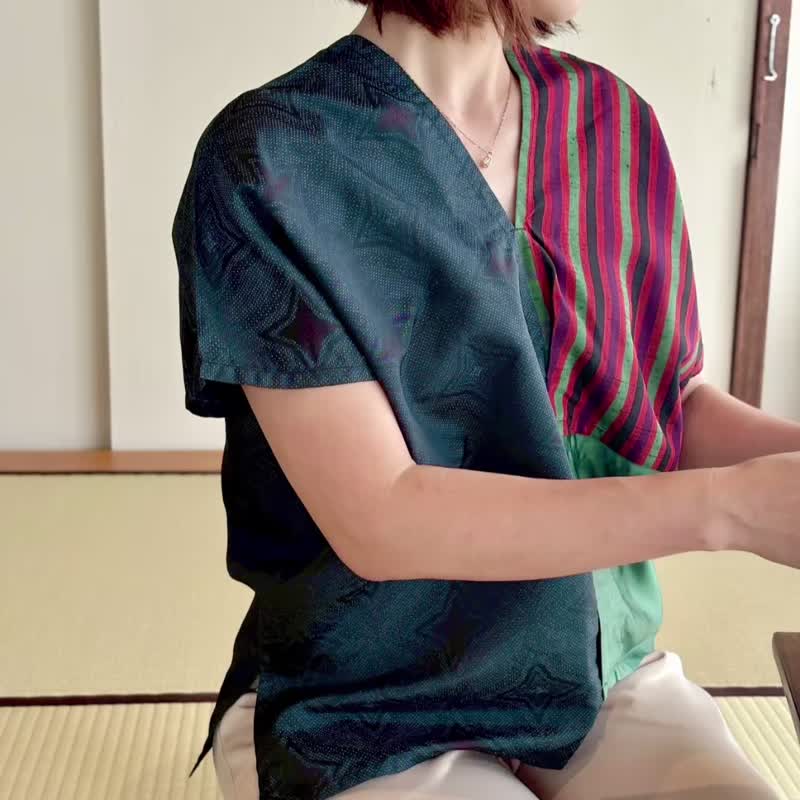 微修身日本丝质红底黑绿紫条纹拼接变形虫星星四角衣四方衣 - 女装衬衫 - 丝．绢 多色