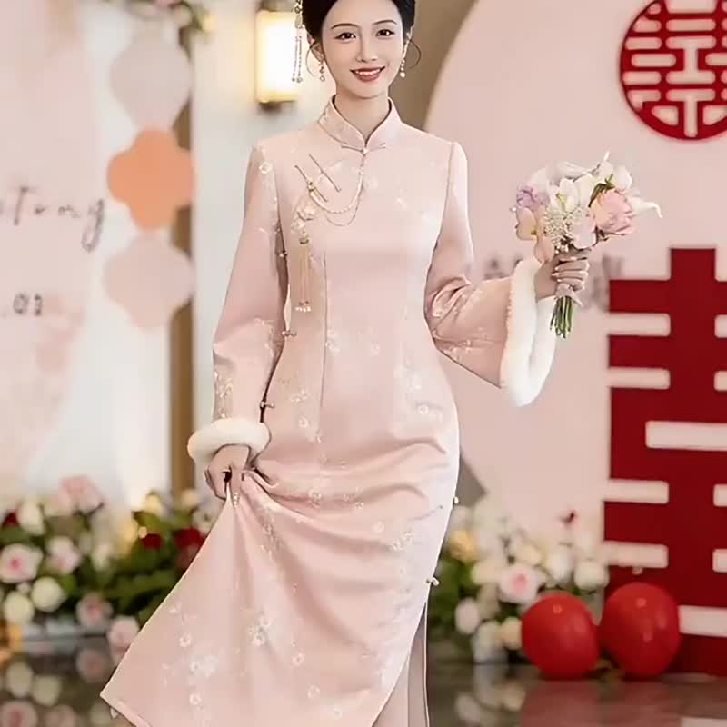 夢芙蓉 粉色改良旗袍敬酒服 秋冬加厚新中式洋裝 復古婚禮連身裙 - 旗袍 - 聚酯纤维 粉红色