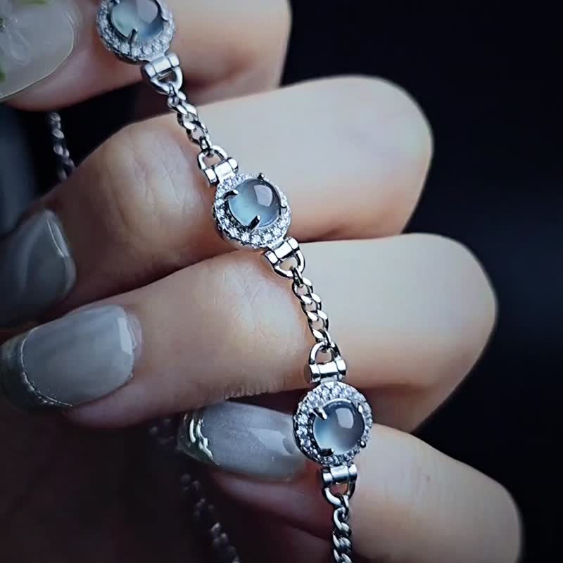 财水|高贵双D梦幻蓝刚|A货翡翠高冰玻蓝刚蛋面纯银多颗手链 - 手链/手环 - 玉石 