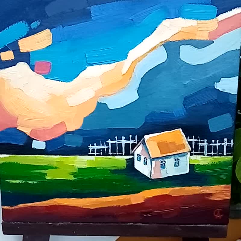 Evening Landscape Handmade Painting Rustic Original Art Impasto Artwork - 海报/装饰画/版画 - 其他材质 蓝色