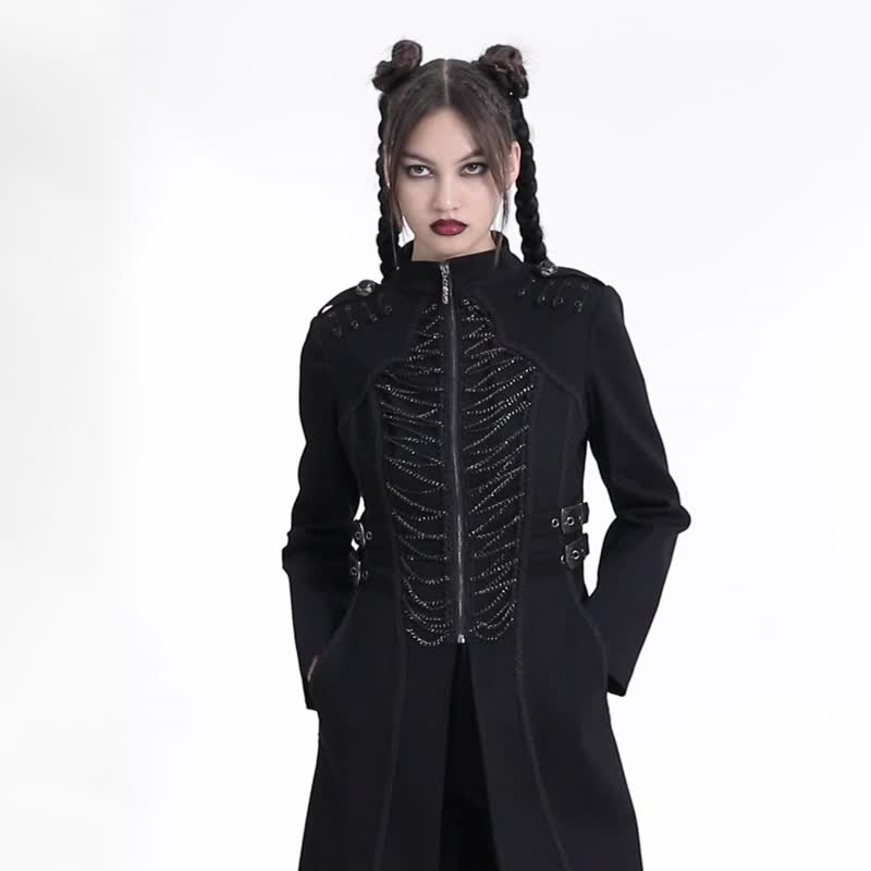 庞克狂猎锁链雕刻丹宁长外套 / 纯棉 - 女装休闲/机能外套 - 其他材质 黑色