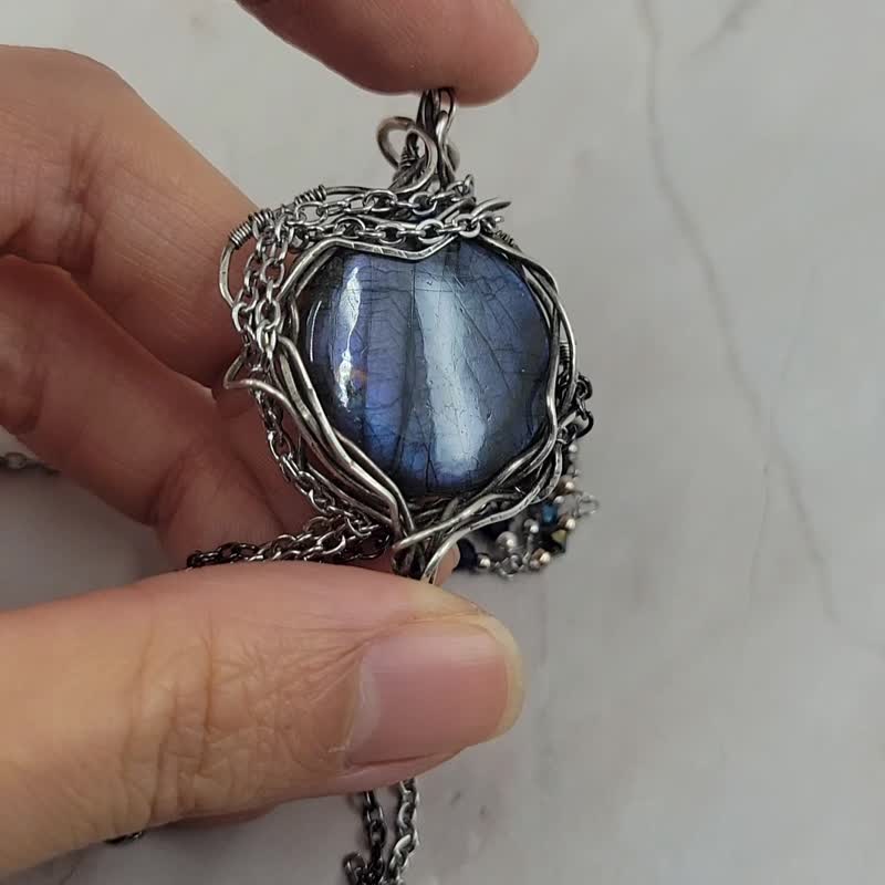 999 纯银 手工绕线 紫光拉长石 长颈链 - 项链 - 水晶 