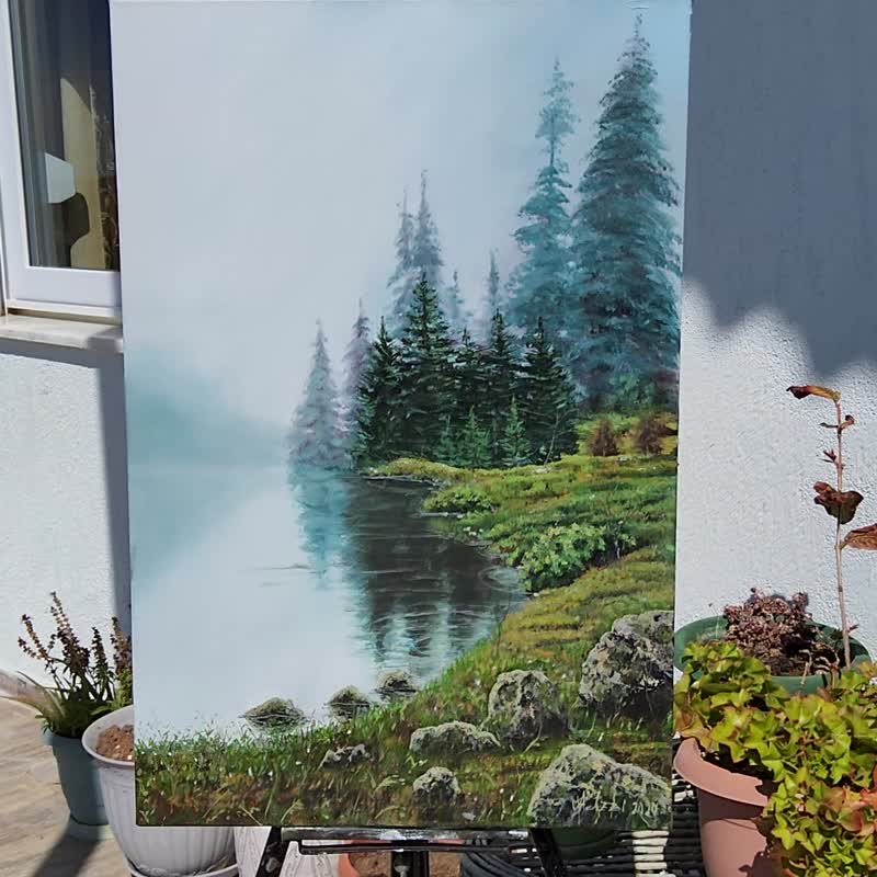 雾蒙蒙的森林绘画风景原创艺术大气的河流场景艺术品 - 插画/绘画/写字 - 亚麻 