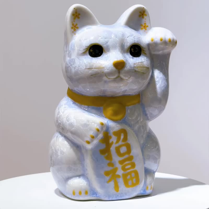 【瑞藤耀彩】日本清水烧招财猫 | 花结晶 藤 - 招福 中号 左 - 摆饰 - 瓷 蓝色