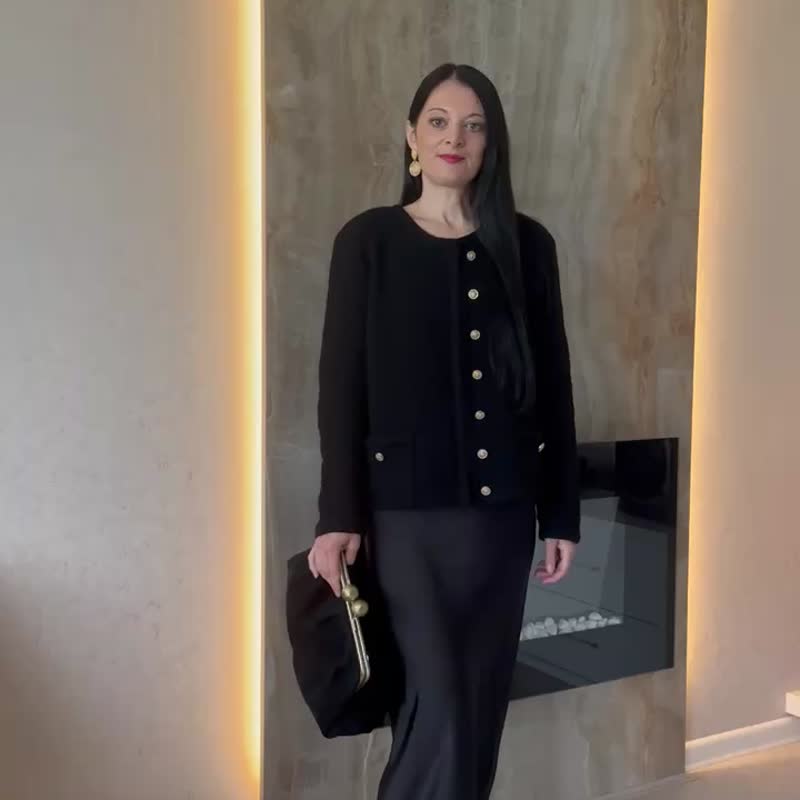 羊毛外套 手工针织开襟外套 女款 黑色手工针织毛衣 - 女装针织衫/毛衣 - 羊毛 