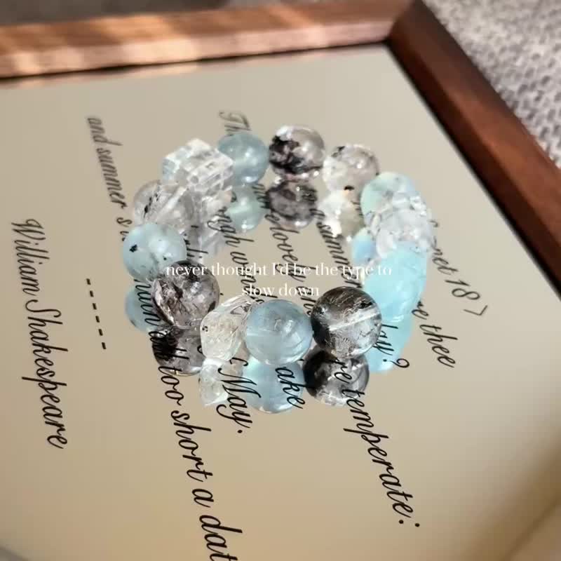 黑爆闪海蓝宝貔貅骸骨闪灵设计款手链 - 手链/手环 - 水晶 蓝色