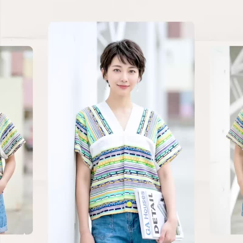 独一无二短版夏日风情蓝绿色手绘感条纹撞色白色块四角衣四方衣 - 女装背心 - 棉 多色