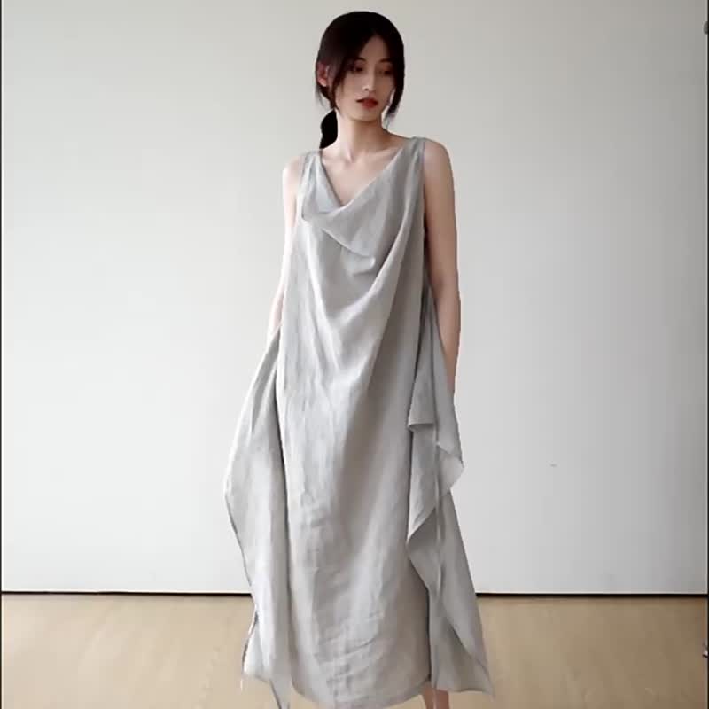 薄雾灰 浪的摇摆立裁荡领多穿洋装 进口亚麻无袖宽松直筒连身裙 - 洋装/连衣裙 - 棉．麻 灰色