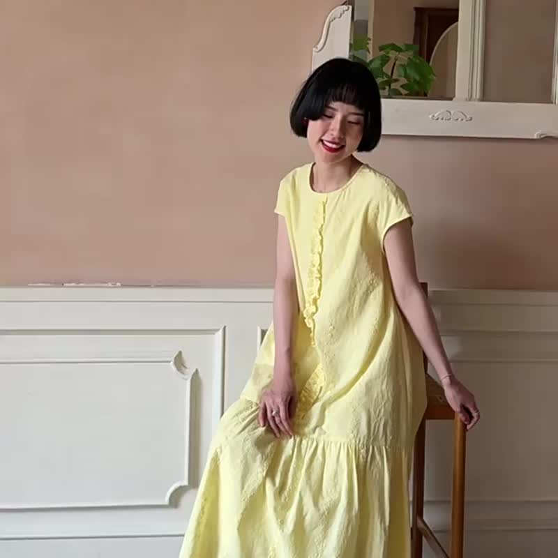 柔光黃 奶油玫瑰小黃裙 日系森女洋裝 甜美木耳花邊長裙 - 洋装/连衣裙 - 棉 黄色
