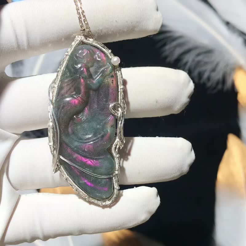 纯手工纯银制作彩色l拉长石美人鱼项链 - 项链 - 宝石 多色