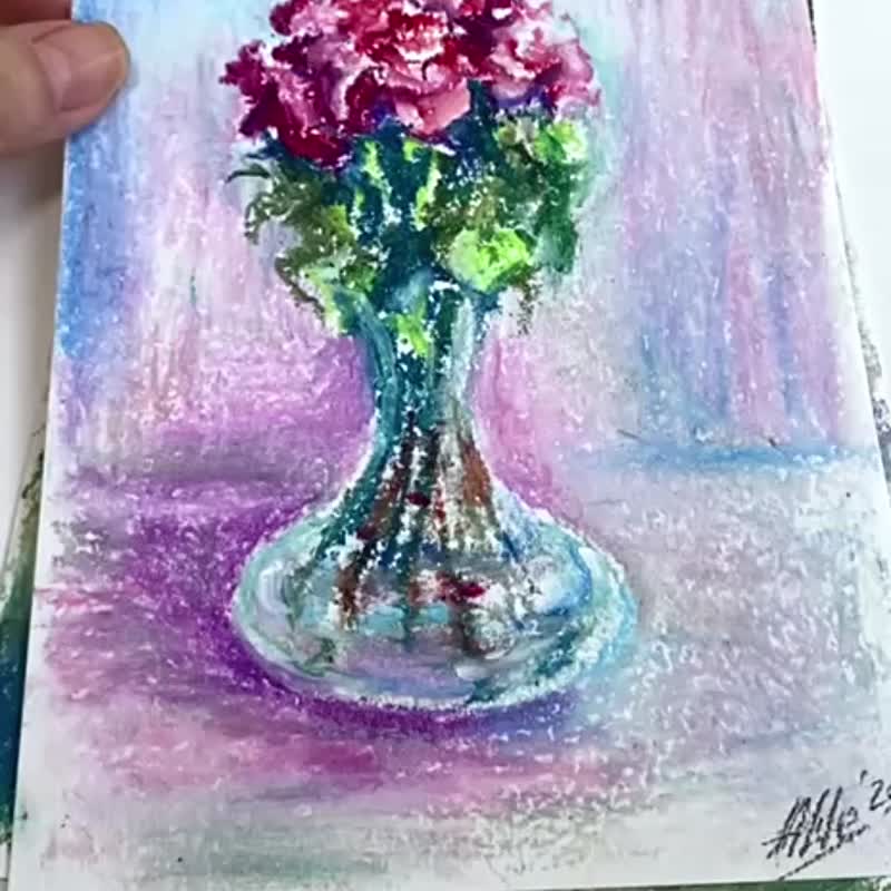 玫瑰油粉彩画花卉静物画迷你艺术 - 海报/装饰画/版画 - 其他材质 多色