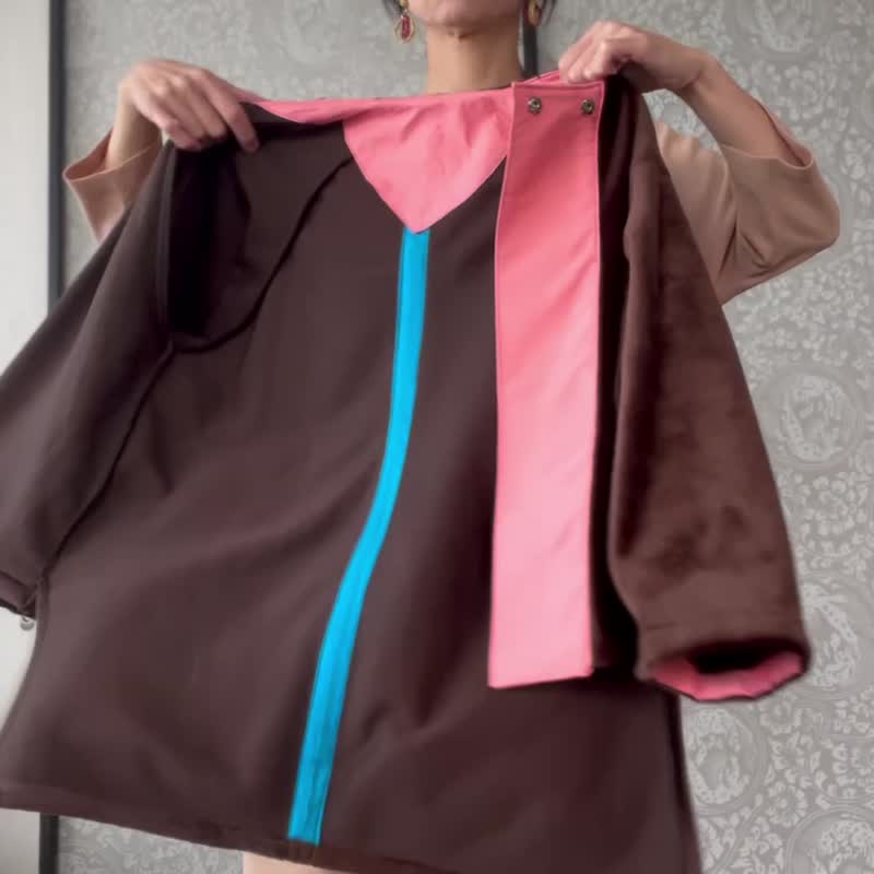 温暖人造毛面料 & 古董和服腰带 东方风格短版外套 - 女装休闲/机能外套 - 环保材料 咖啡色