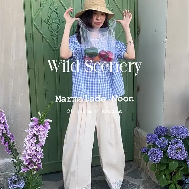 夏日格調 藍格紋泡泡袖小衫 寬松襯衫 清新格子上衣 - 女装衬衫 - 棉 蓝色