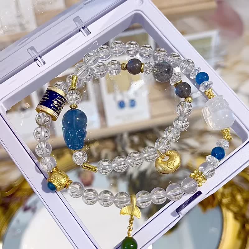 海蓝宝貔貅蓝月光貔貅拉长石蓝磷灰白水晶设计款白水晶双圈手链 - 手链/手环 - 水晶 多色