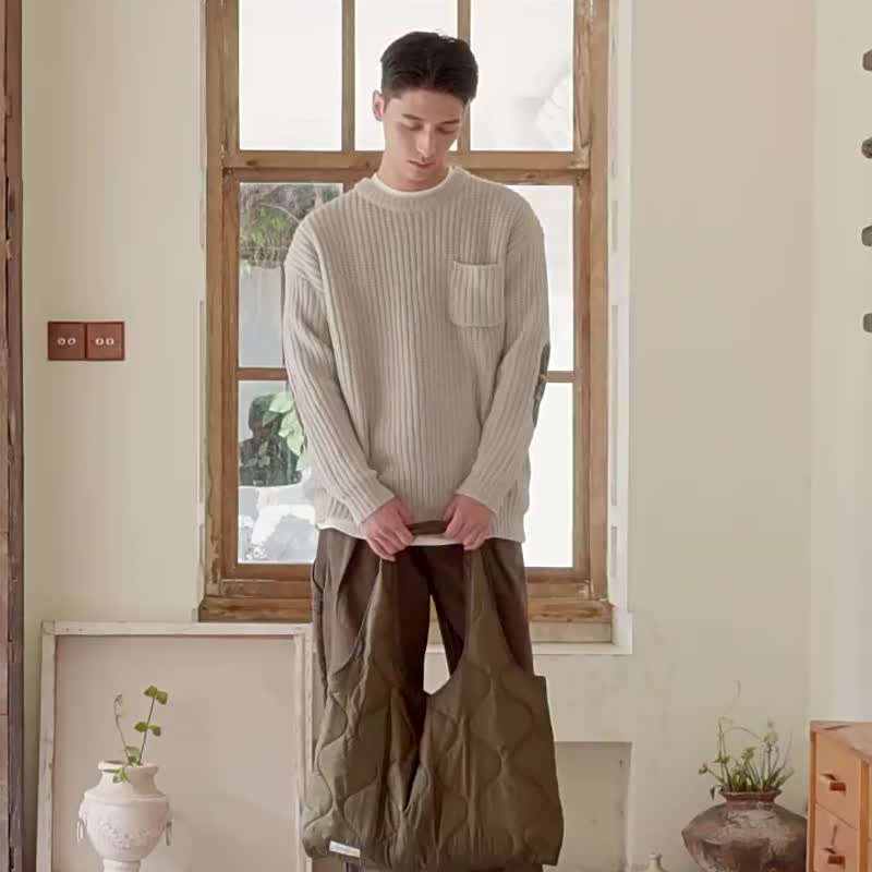 中性格子贴布补丁袖粗针針套头毛衣 Vintage 情侶裝 - 男装针织衫/毛衣 - 棉 多色
