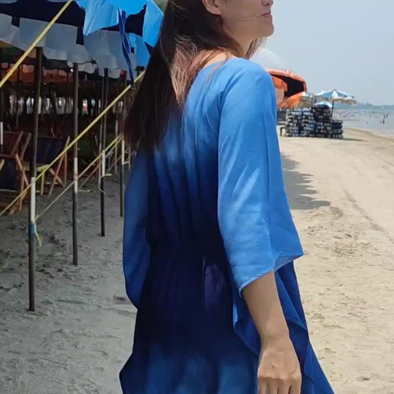 Doris Blue -  系腰宽袖连衣裙 - 洋装/连衣裙 - 棉 蓝色