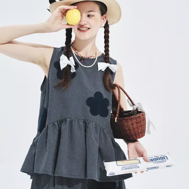 大花朵小格纹气质背心 / 韩式 日式 - 女装背心 - 棉．麻 蓝色