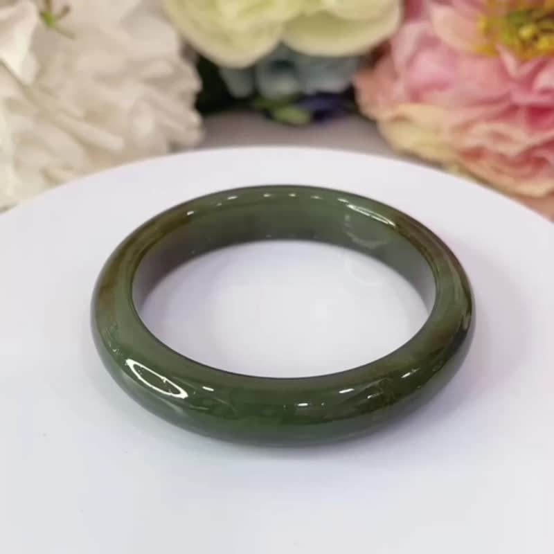 NO.2稀有且莫蓝带糖和田玉 52 MM 圈口 且莫 手镯 手环 和田玉 - 手链/手环 - 玉石 绿色