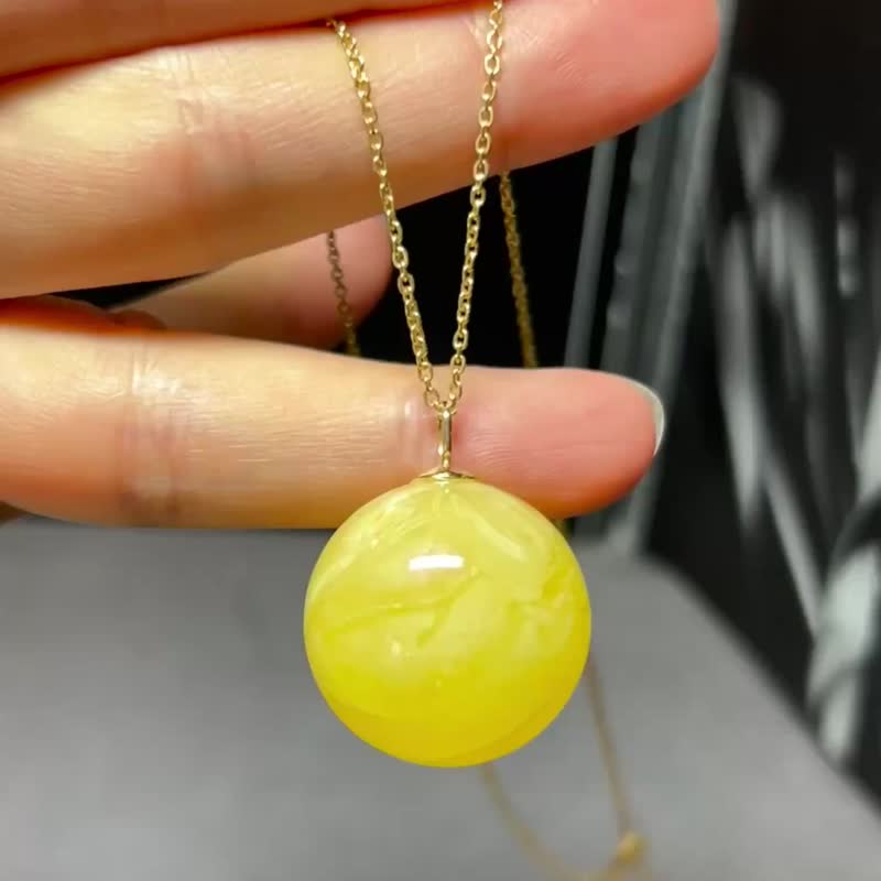 天然蜜蜡圆珠吊坠 俄料 完美品质 18k金重工镶嵌 - 吊饰 - 水晶 