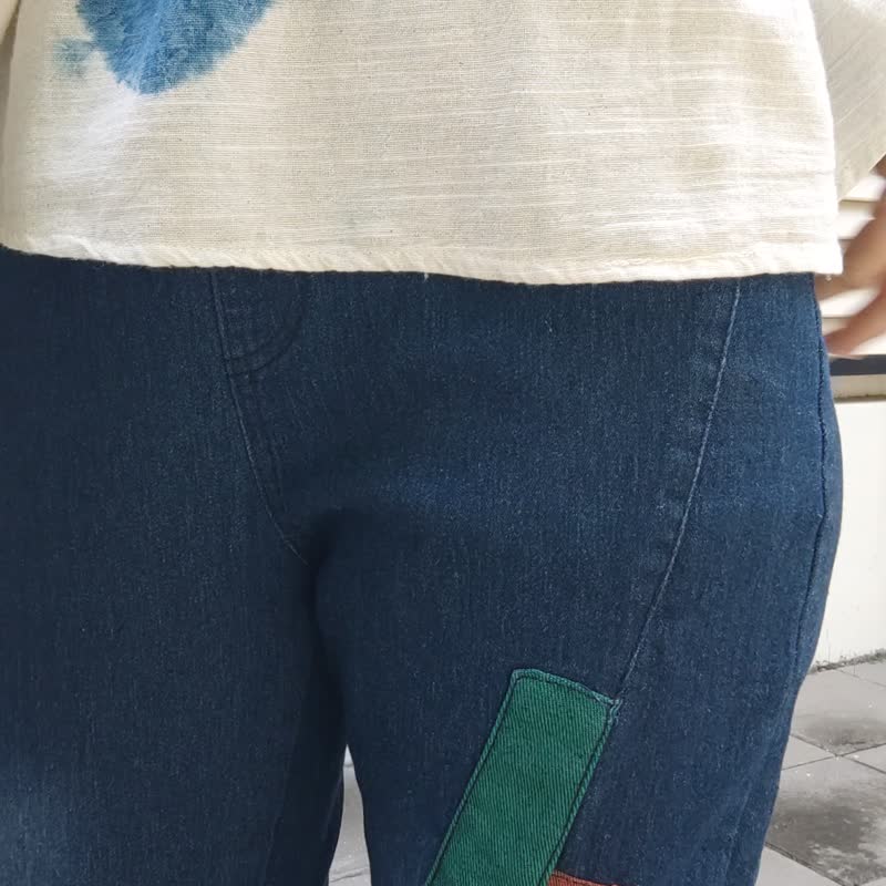 Ada Pants - 拼布手作风修身牛仔裤 - 女装长裤 - 棉 蓝色