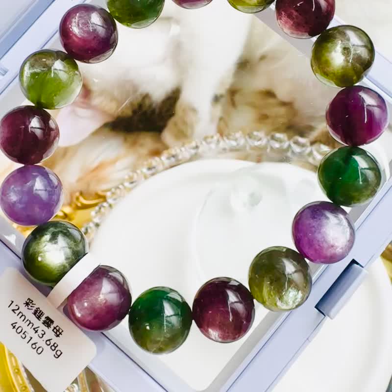 收藏自用级浓色强光紫绿锂云母彩串12mm43.68g缓解压力舒压情绪 - 手链/手环 - 水晶 多色