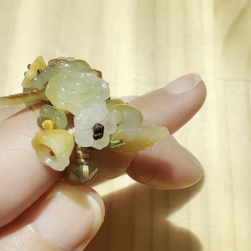 手工翡翠戒指 – 秋日雀鸟庭园 - 戒指 - 玉石 橘色