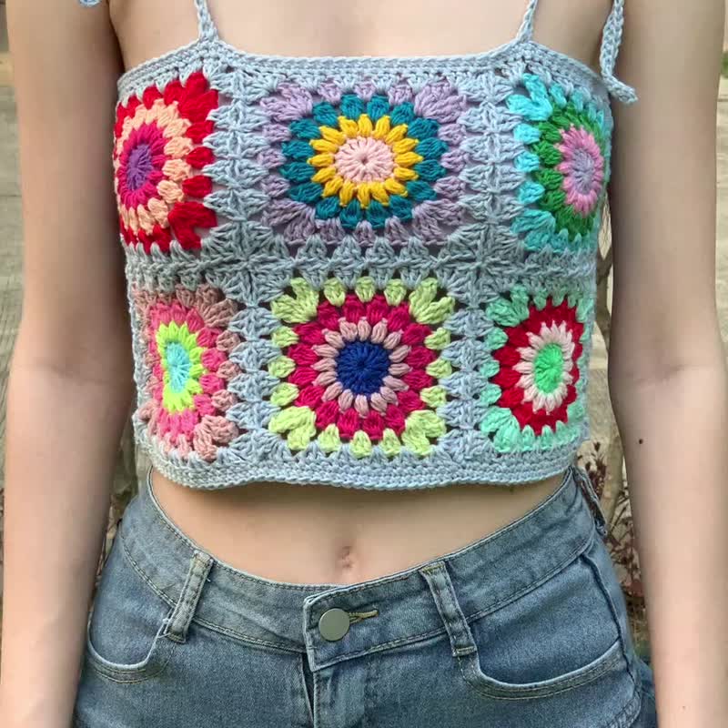 女士奶奶方格钩织修身无袖露脐上衣 波西米亚风格 - 女装上衣 - 棉．麻 蓝色