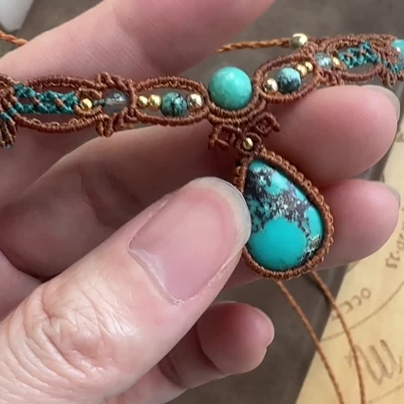 N808 民族风 蜡线编织 松石 铜珠 颈链 (可调长度) - 项链 - 宝石 咖啡色