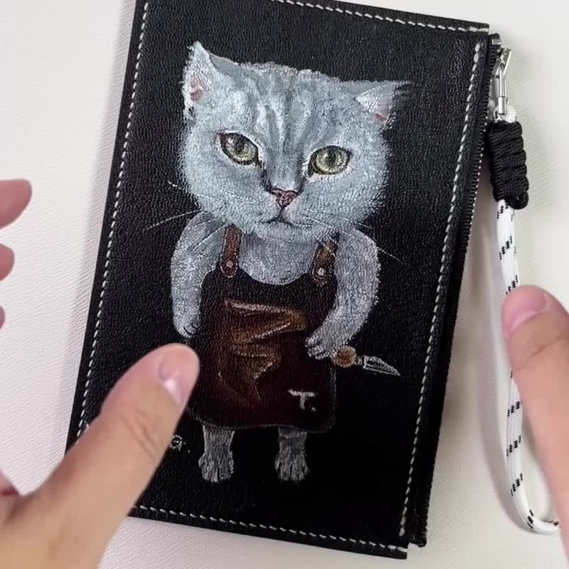 原创手工皮具 手绘画猫 护照包 | 零钱包 | 小钱包 | 钥匙包 - 零钱包 - 真皮 
