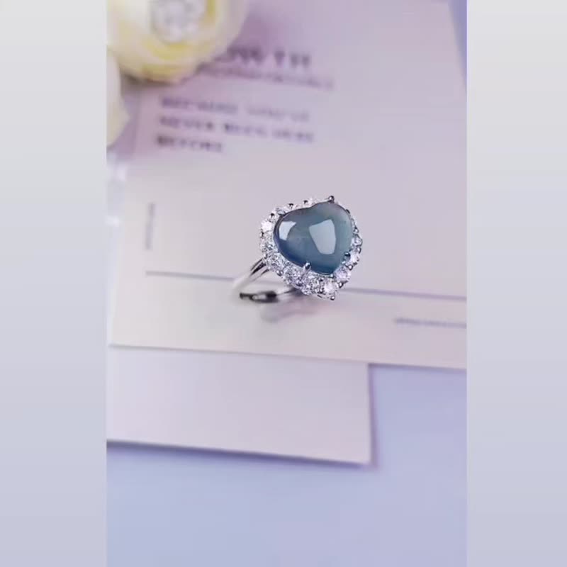 财水|冰玻蓝刚大爱心|A货翡翠纯银镀18k金戒指 - 戒指 - 玉石 