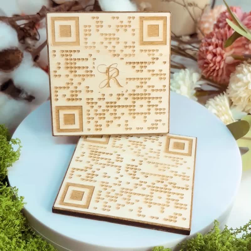 100 个爱心木质婚礼 QR Code 吊牌 – 个人化木制婚礼配件 - 喜帖 - 木头 