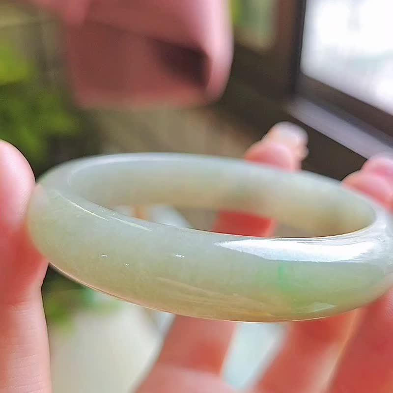 |招财飘金丝绿|A货翡翠细糯湖水绿飘阳绿花半山水手镯#58/19 - 手链/手环 - 玉石 