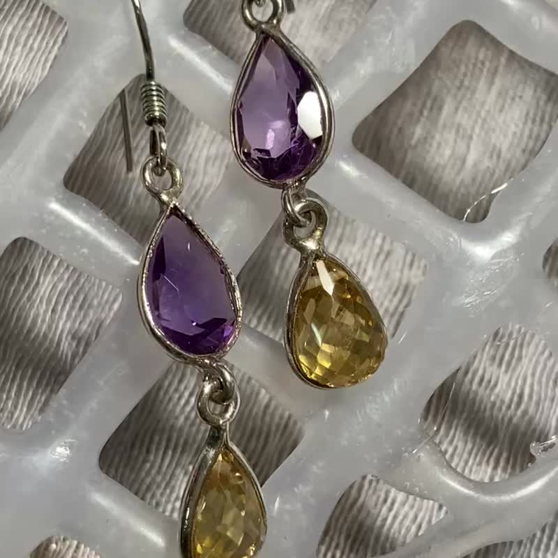 天然  紫水晶 黄水晶 耳坠 耳饰 印度制 915纯银 - 耳环/耳夹 - 水晶 