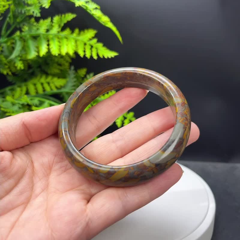 独特 叶青女娲石手镯 60MM 咖啡色底五彩石手环 女款 招福助运 - 手链/手环 - 半宝石 