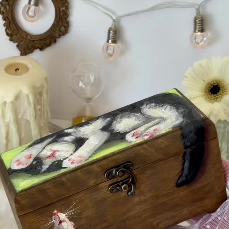 手工绘制带锁木盒 燕尾服猫与老鼠，猫咪珠宝饰品盒 - 收纳用品 - 木头 咖啡色