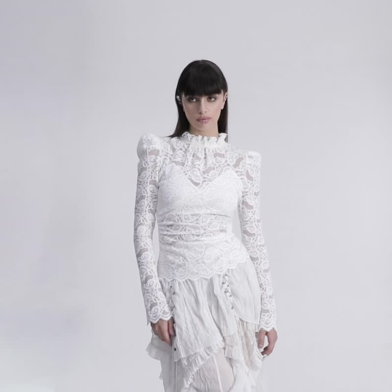 达努神族仙后荷叶蕾丝上衣 - 黑 / 白 - 女装上衣 - 其他材质 白色