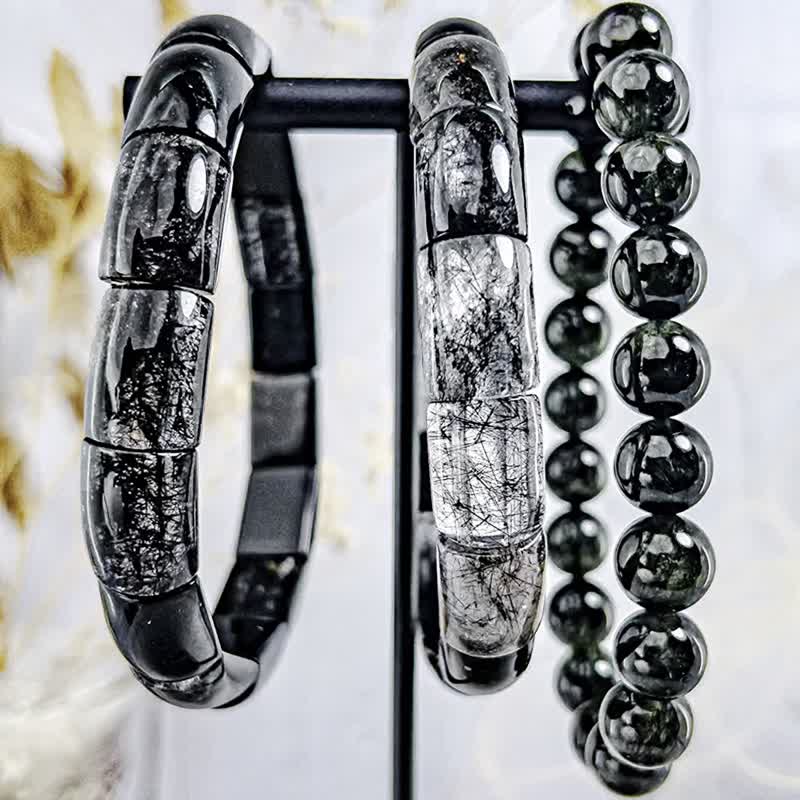 【碧玺发晶】爆丝\半透 黑碧玺发晶 绿碧玺发晶\水晶镯排手排手串 - 手链/手环 - 水晶 黑色