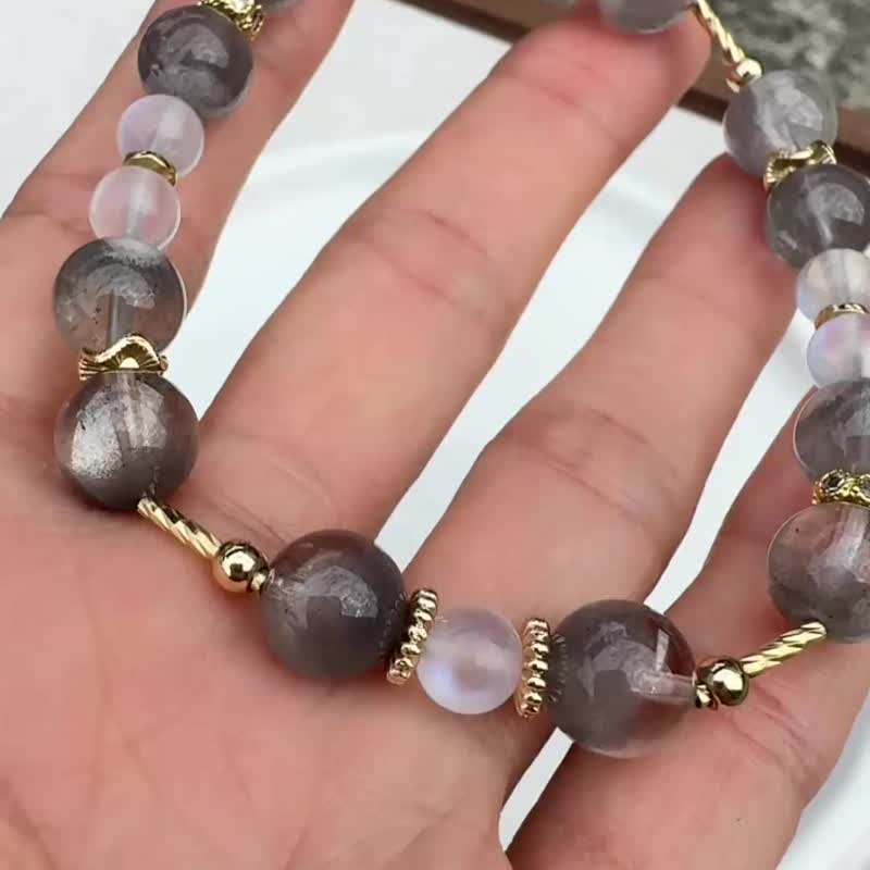 幽境金声 灰幽灵 蓝月光 水晶手链 招财 财运 事业运 天然灰幽灵 - 手链/手环 - 水晶 灰色