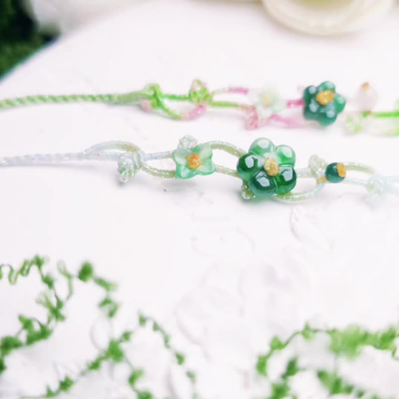 有钱花 | 冰绿花朵 | 缅甸 A 货翡翠手工编绳手链手绳 - 手链/手环 - 玉石 