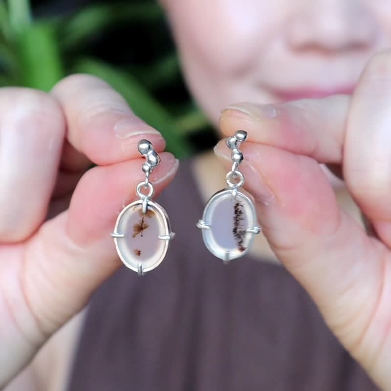 风景玛瑙不对称耳环-手作-纯银耳针 - 耳环/耳夹 - 纯银 透明