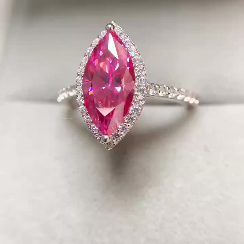 Pink Marquise Cut Moissanite Ring, 1 Ct and 2 Ct Pink Moissanite Ring - 戒指 - 其他金属 银色