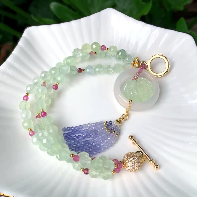 顶级葡萄石 玫瑰 碧玺 丹泉石 玛瑙戒 幸运 富贵 手链 单品 礼物 - 手链/手环 - 宝石 绿色