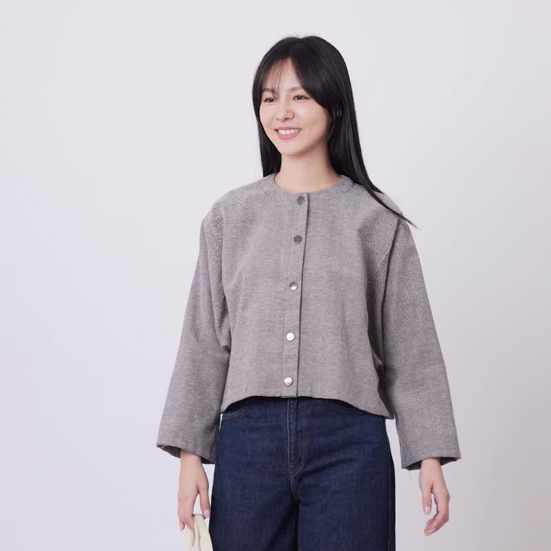 Elaine開襟人字紋夾克短外套/灰棕 - 女装休闲/机能外套 - 棉 卡其色