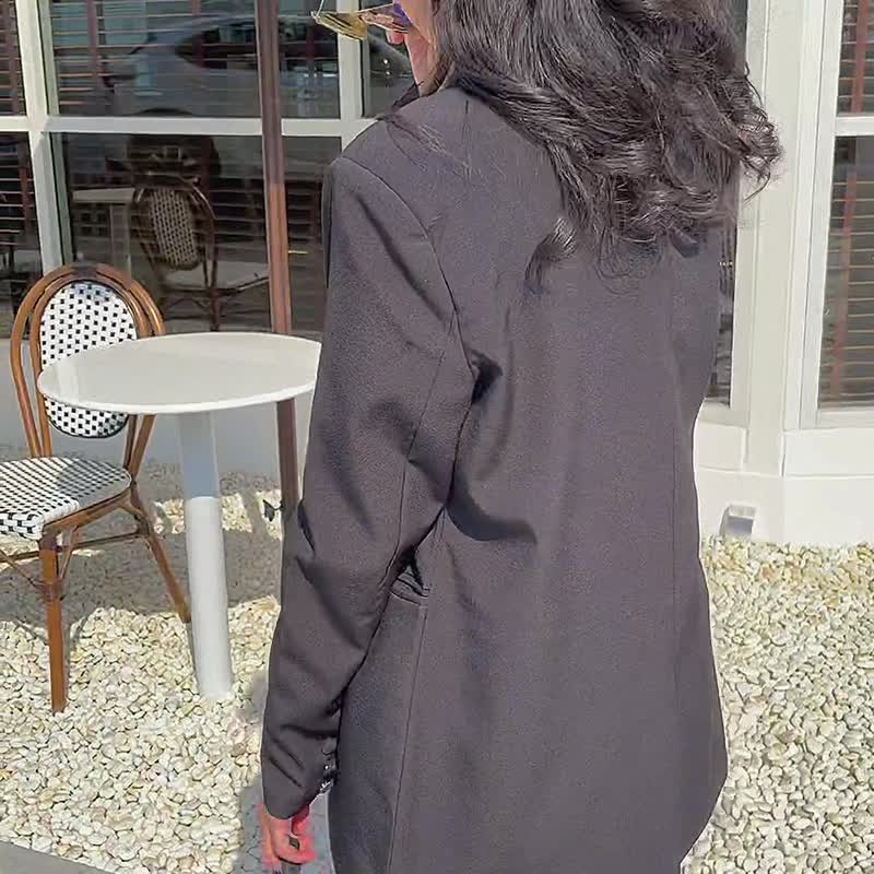 优雅西装外套 长袖 正装休闲装 两排钮扣 - 女装西装外套/风衣 - 环保材料 黑色