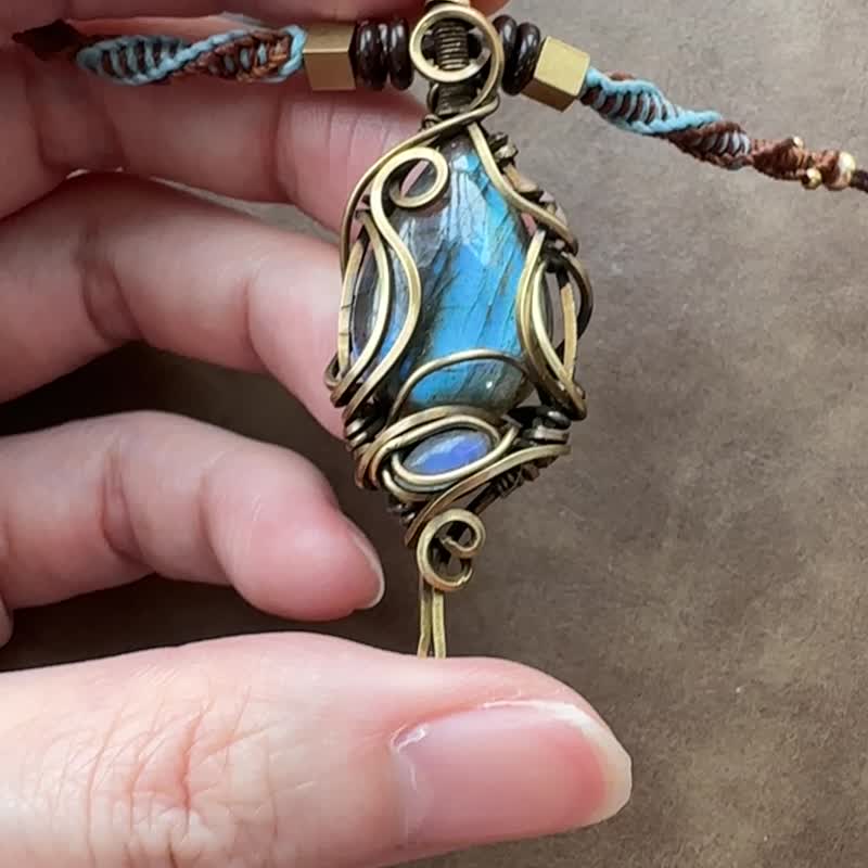 WW192 全手工编织 绕铜线 复古做旧 wire wrap 拉长石吊咀 - 项链 - 铜/黄铜 金色