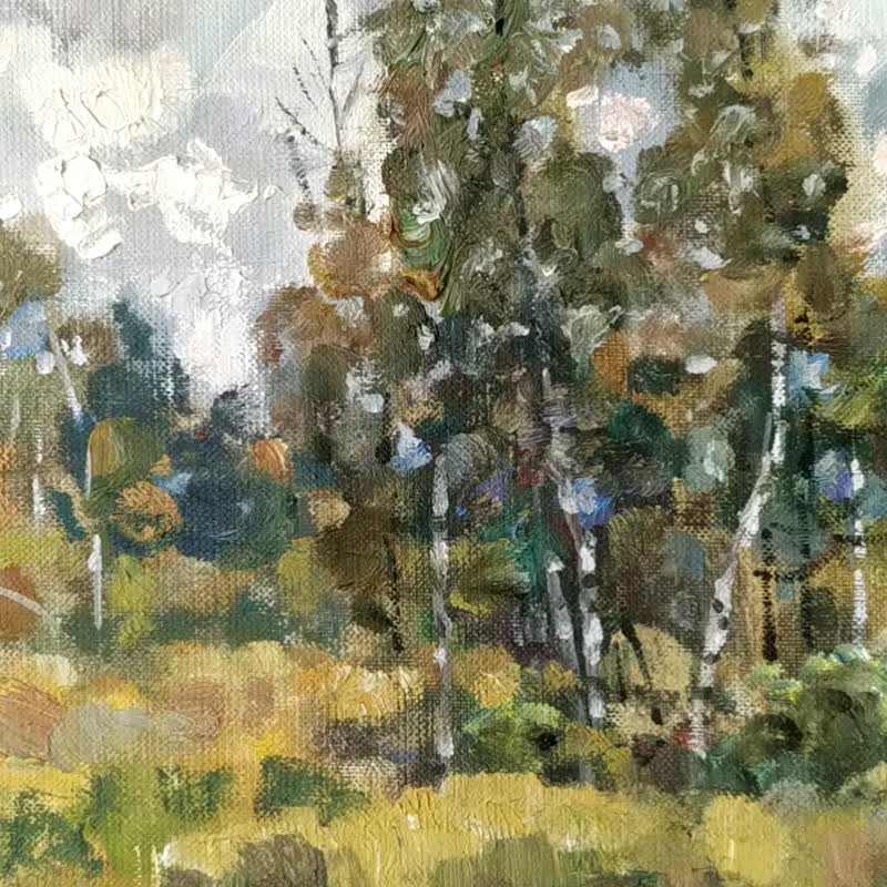 Autumn Painting Landscape Original Art Fall Nature Cloudy Day Birch Trees Canvas - 海报/装饰画/版画 - 其他材质 多色