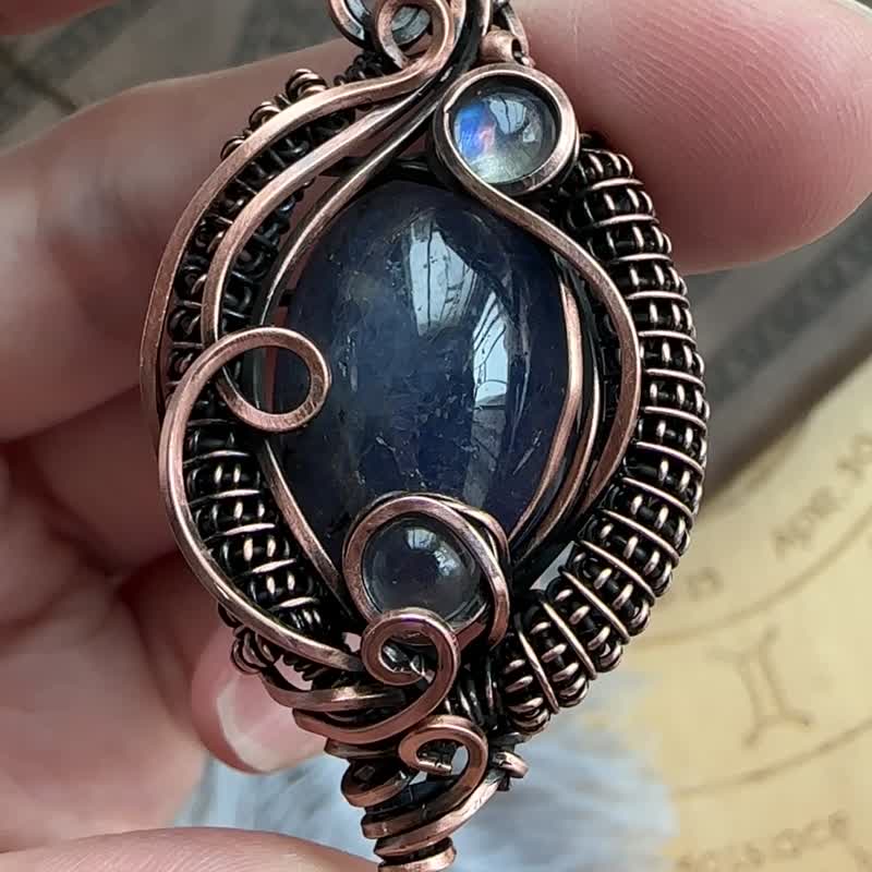 WW268 全手工编织 绕铜线复古做旧 wire wrap 坦桑石月亮石吊咀 - 项链 - 铜/黄铜 咖啡色