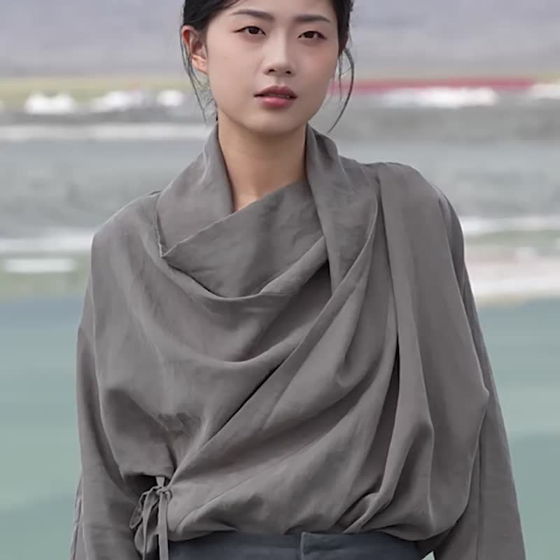 仓艾绿 山木 秋冬纯色开襟系带荡领上衣 垂感长袖衬衫 - 女装衬衫 - 其他人造纤维 绿色