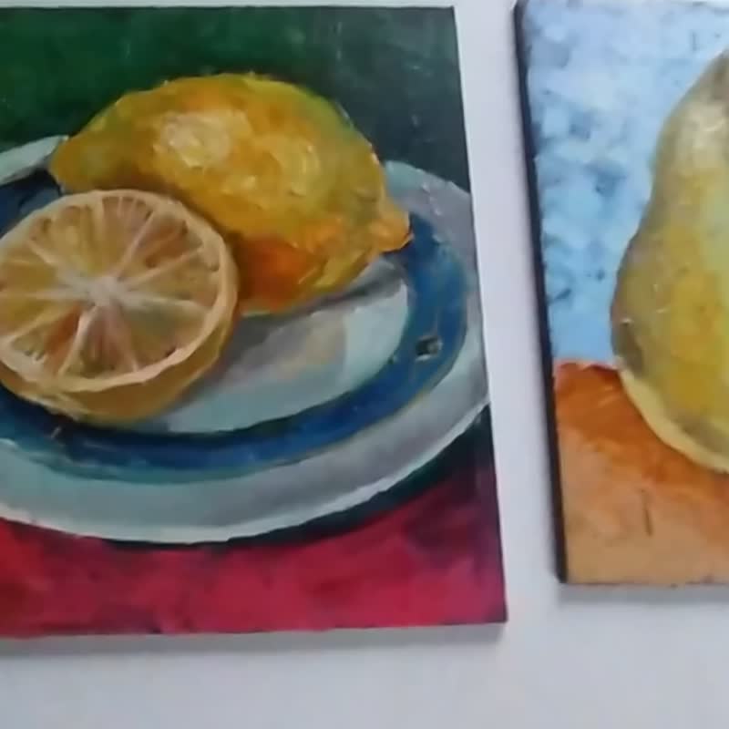 梨子画水果组 4 幅画柠檬油柳橙 15 x 15 厨房装饰 - 海报/装饰画/版画 - 其他材质 多色