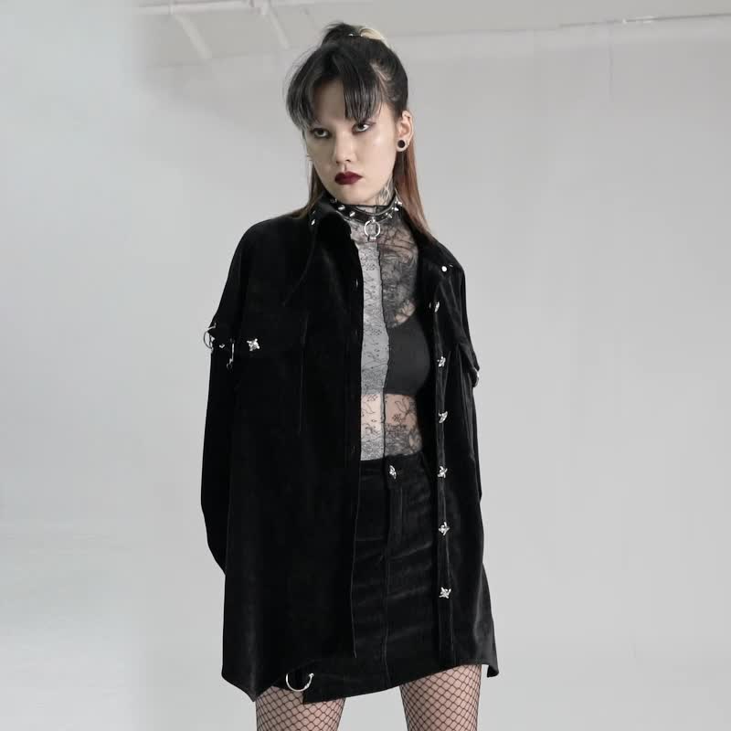 庞克巫魔会分解式衬衫 / 可拆袖 / 宽松版型 - 女装衬衫 - 其他材质 黑色